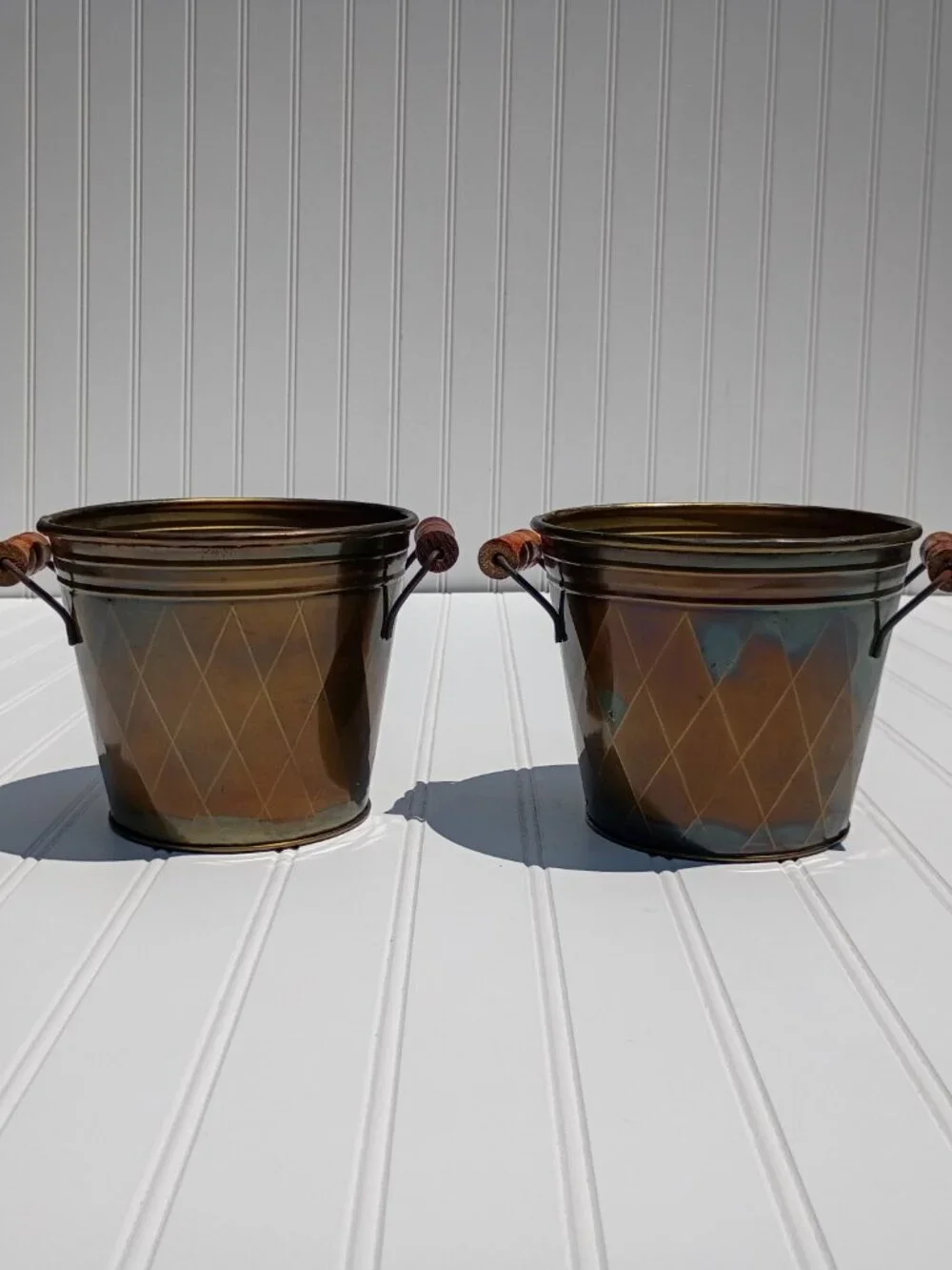 Vintage Brass Planters with Wooden Handles Set of 2 Diamond Pattern Pot Cachepot